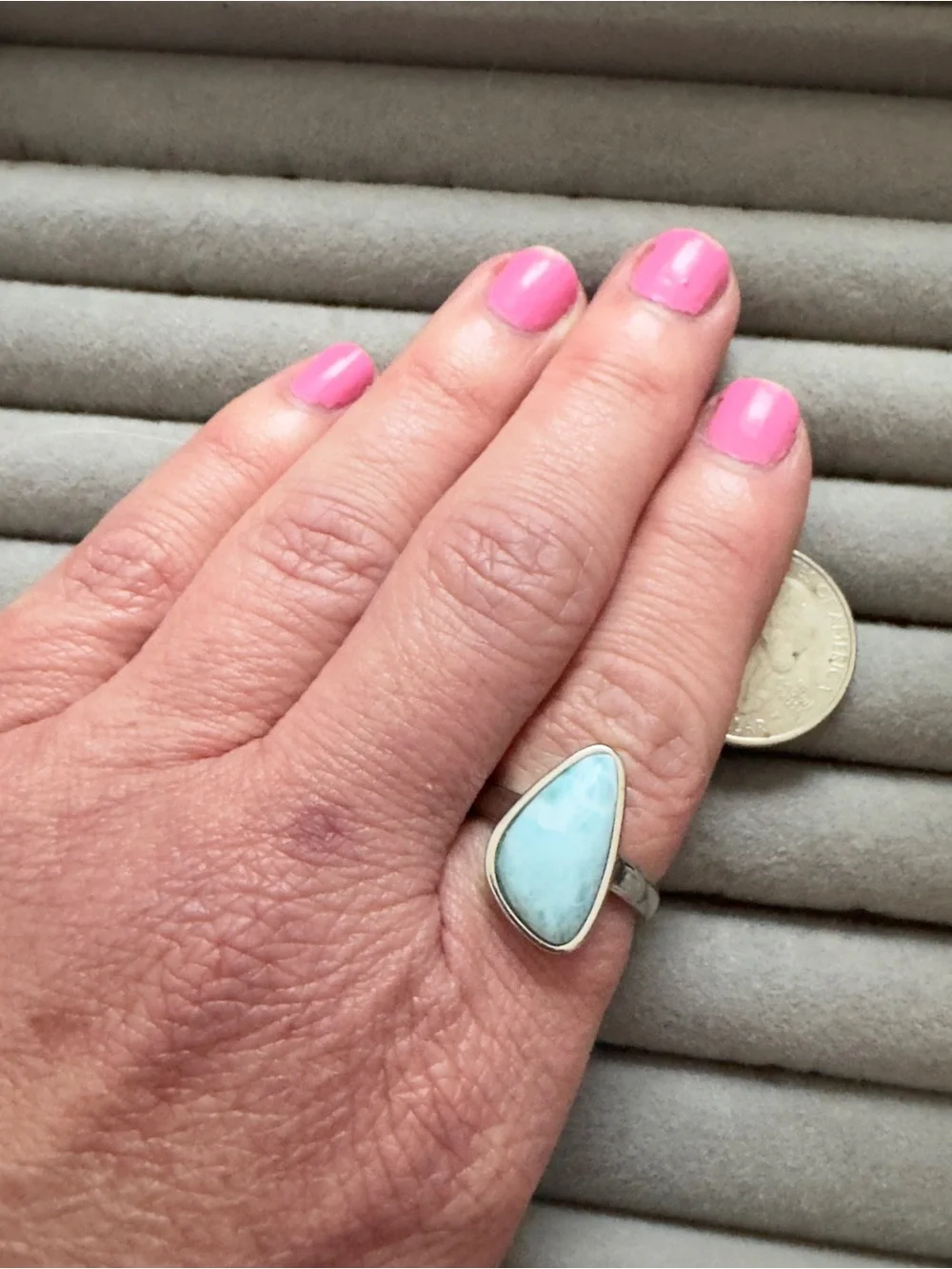 925 Sterling marked Silver Larimar Teardrop Ring - Light Blue Stone